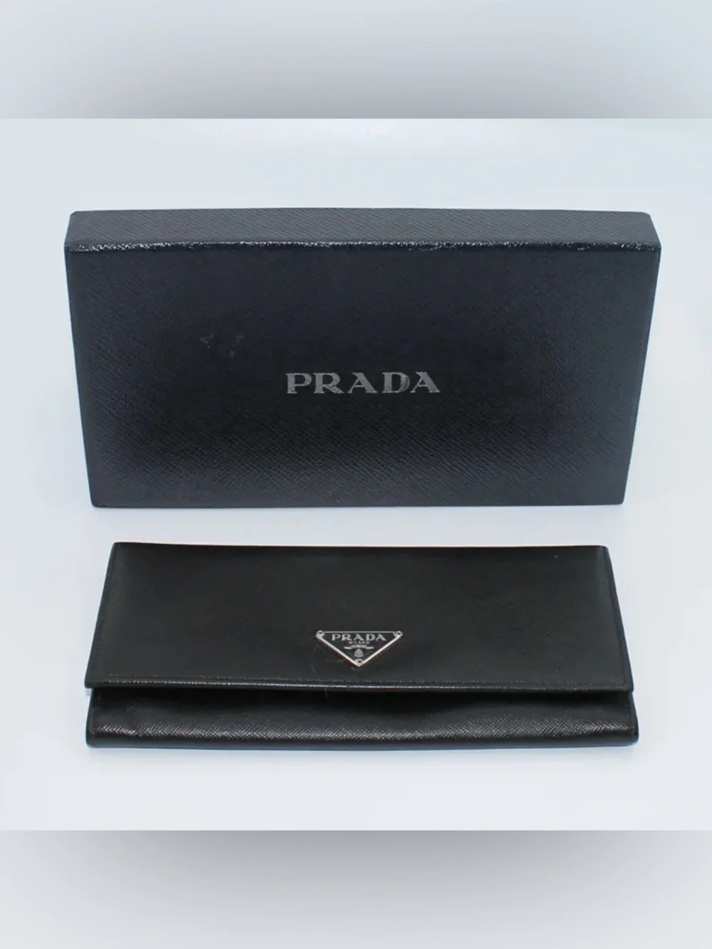 Prada Enamel Triangle Logo Saffiano Leather Continental Flap Wallet Black